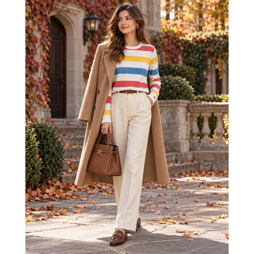 Women Small Petite Multicolor Striped 100% Cotton Sweater Preppy Crewneck